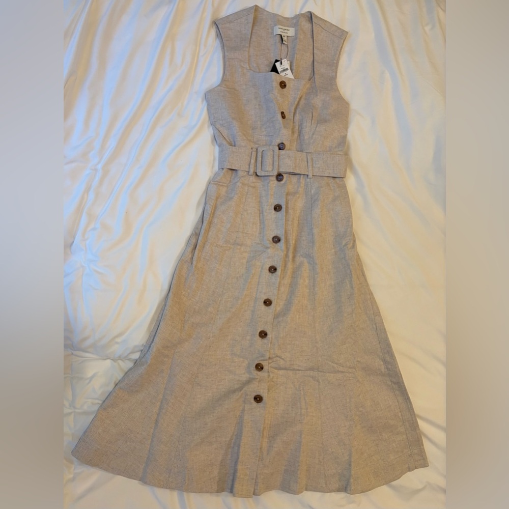 Banana Republic Factory Beige Linen Blend Button Midi Dress, Flax, 00P